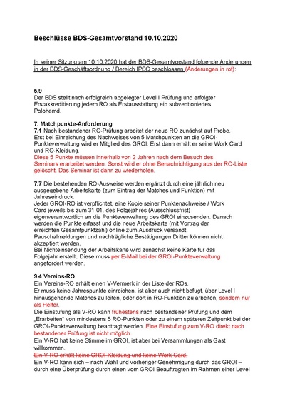 Beschlüsse des BDS-Gesamtvorstands vom 10. Oktober 2020